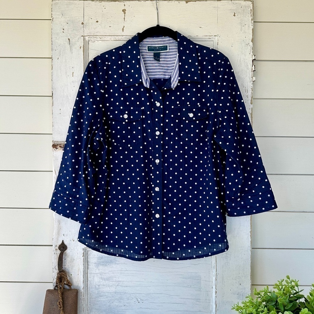 KAREN SCOTT, WOMENS, NAVY/WHITE POLKA DOT SHIRT. 3/4 SLEEVE. SIZE LP